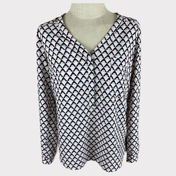 Merona Womens Medium Blouse Black White Tan Print V Neck Buttons - Picture 1 of 10